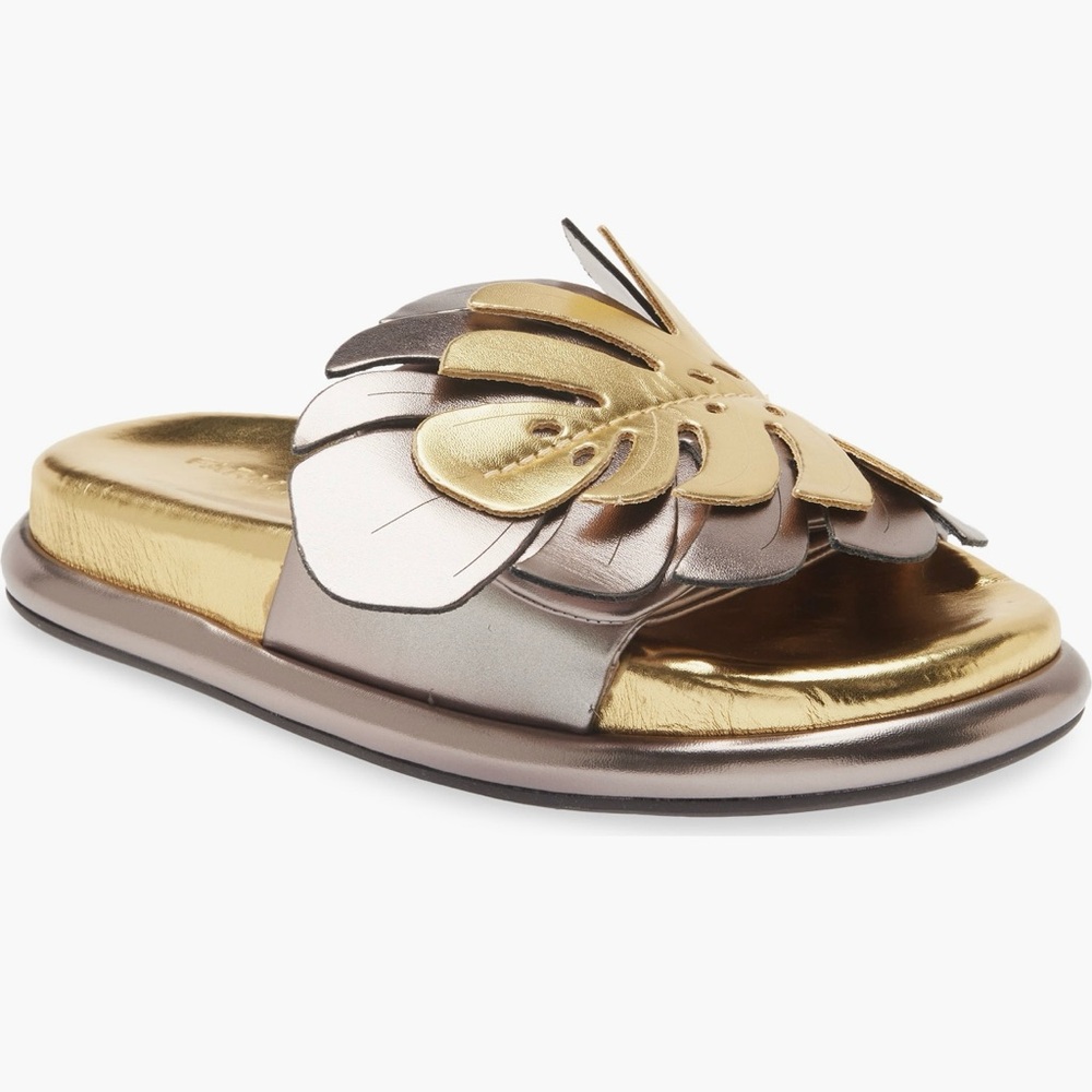 FARM Rio Metallic Gold and Silver Floral Slide Sandals